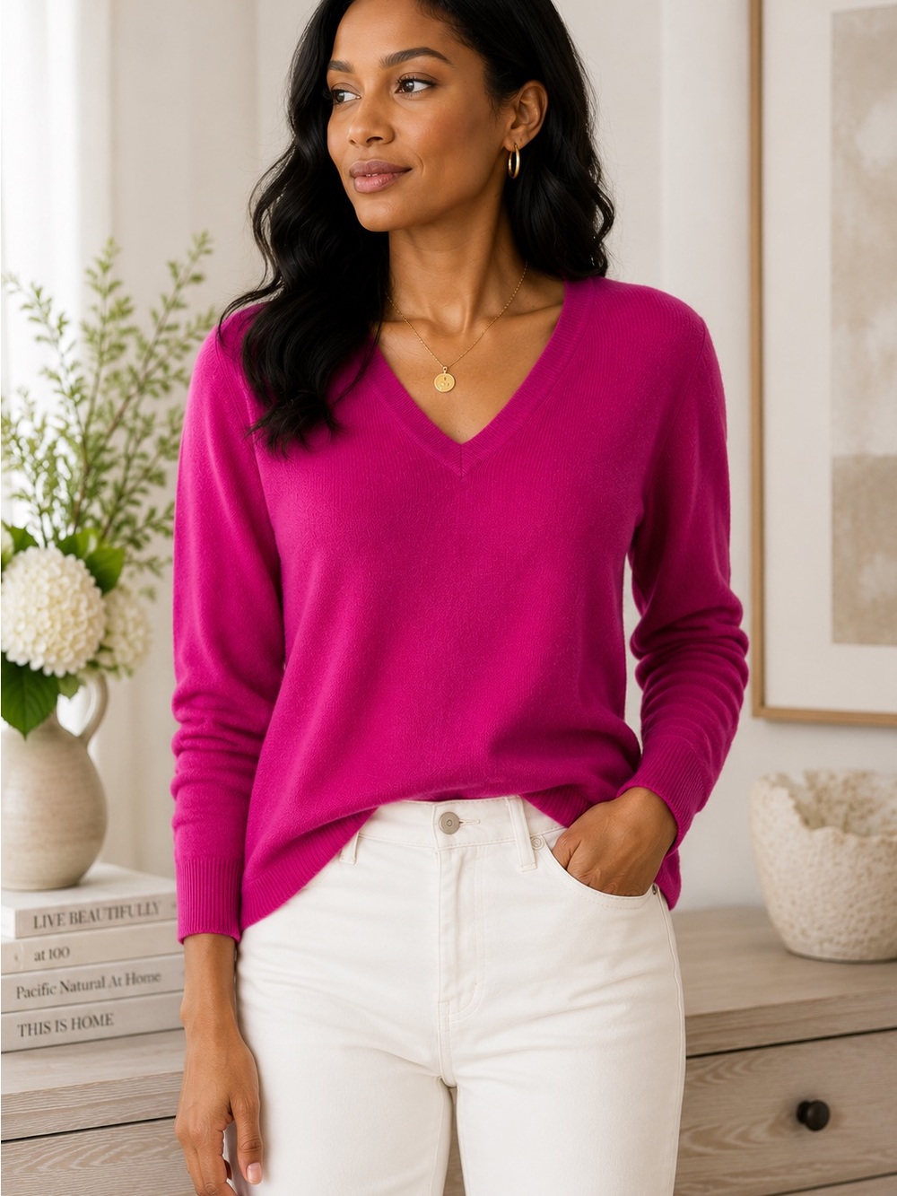 Charter Club 100% Cashmere V-Neck Sweater Pink Magenta Long Sleeve Size L